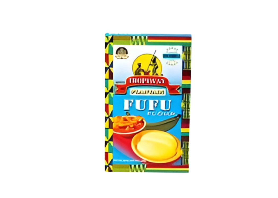 A colorful package of Fufu flour featuring traditional African patterns, with images of prepared Fufu and a bowl of sauce. The product branding is prominently displayed at the top.