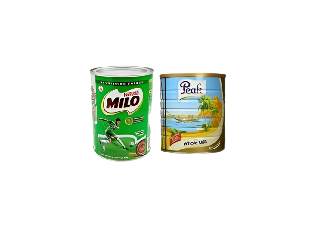 Two cans are displayed side by side: one is a green can of Milo, a chocolate malt drink, and the other is a can of Pearl, labeled as beach salt.