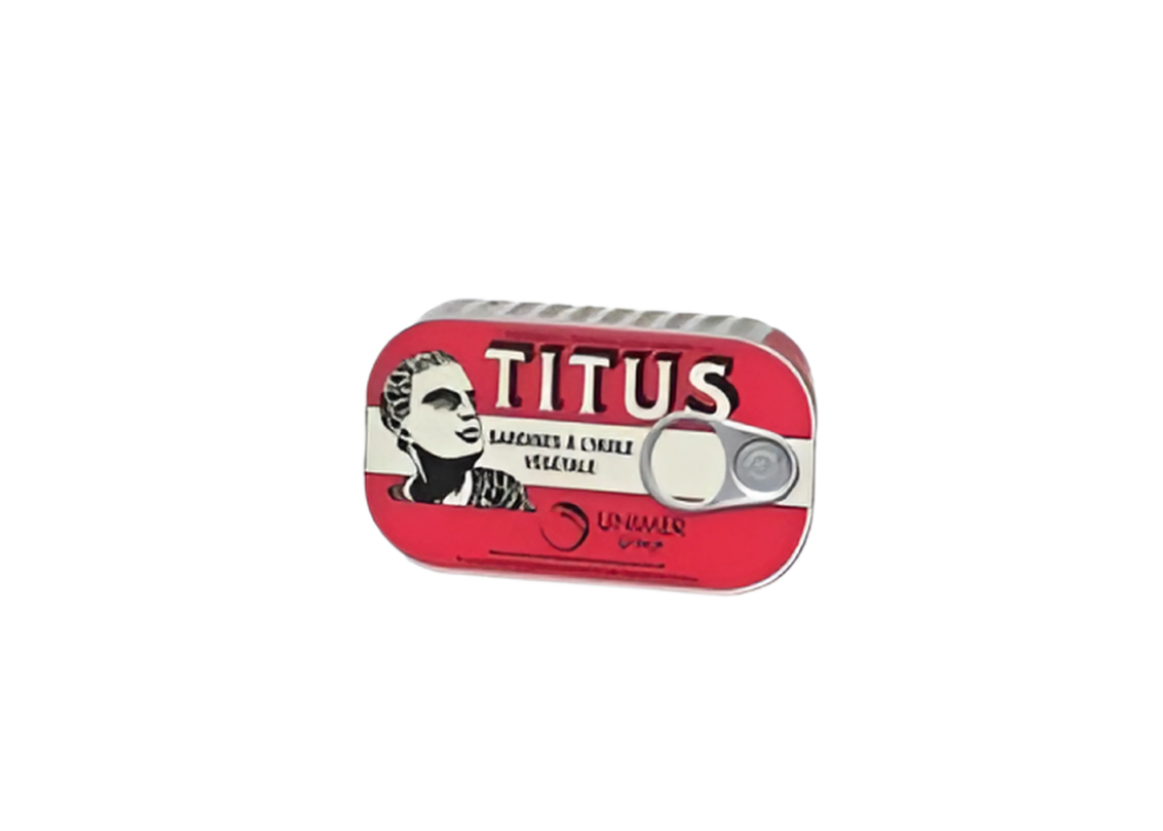 A tin of sardines labeled "TITUS," featuring a vintage-style illustration of a man on the front. The design includes a red background with white text and a pull-tab opening.