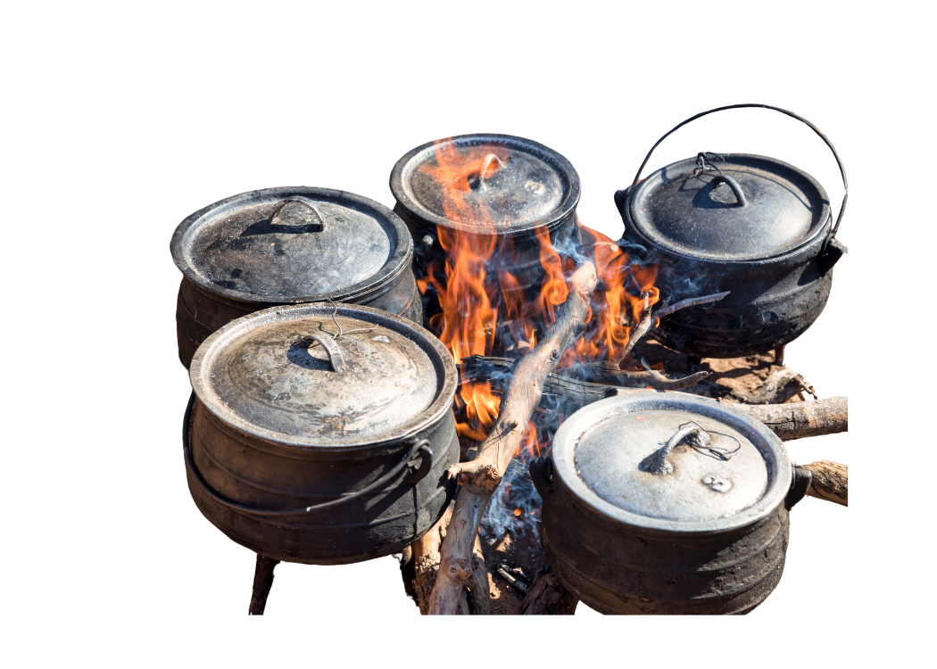 Five black cooking pots are placed over an open fire, with flames visible beneath them. The scene conveys a rustic cooking setup, likely intended for outdoor or traditional meals.