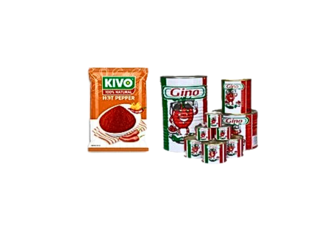 A package of Kivo chili powder is displayed alongside several cans of Gino tomato products. The products are arranged against a black background.